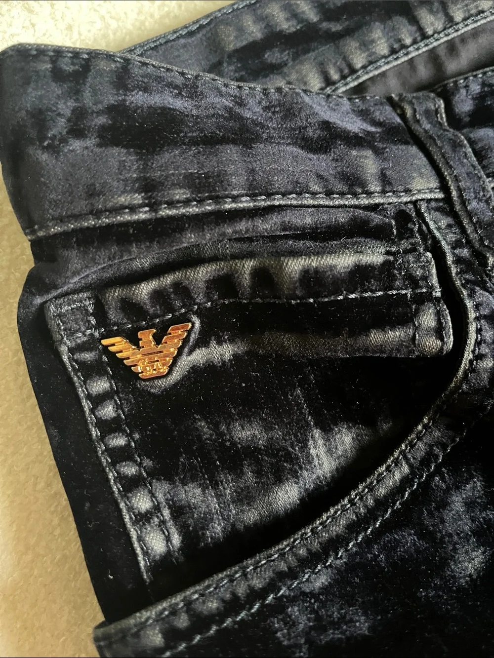 Emporio Armani Black Navy crushed velvet finish Jeans.